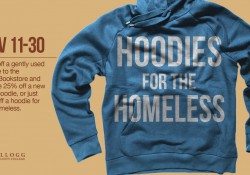 Graphic slide with a hooded sweatshirt on it promoting the Bruin Bookstore's Hoodies for the Homeless campaign
