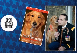 A promotional image featuring author Luis Montalvan and his dog Tuesday; the author is speaking at campus.