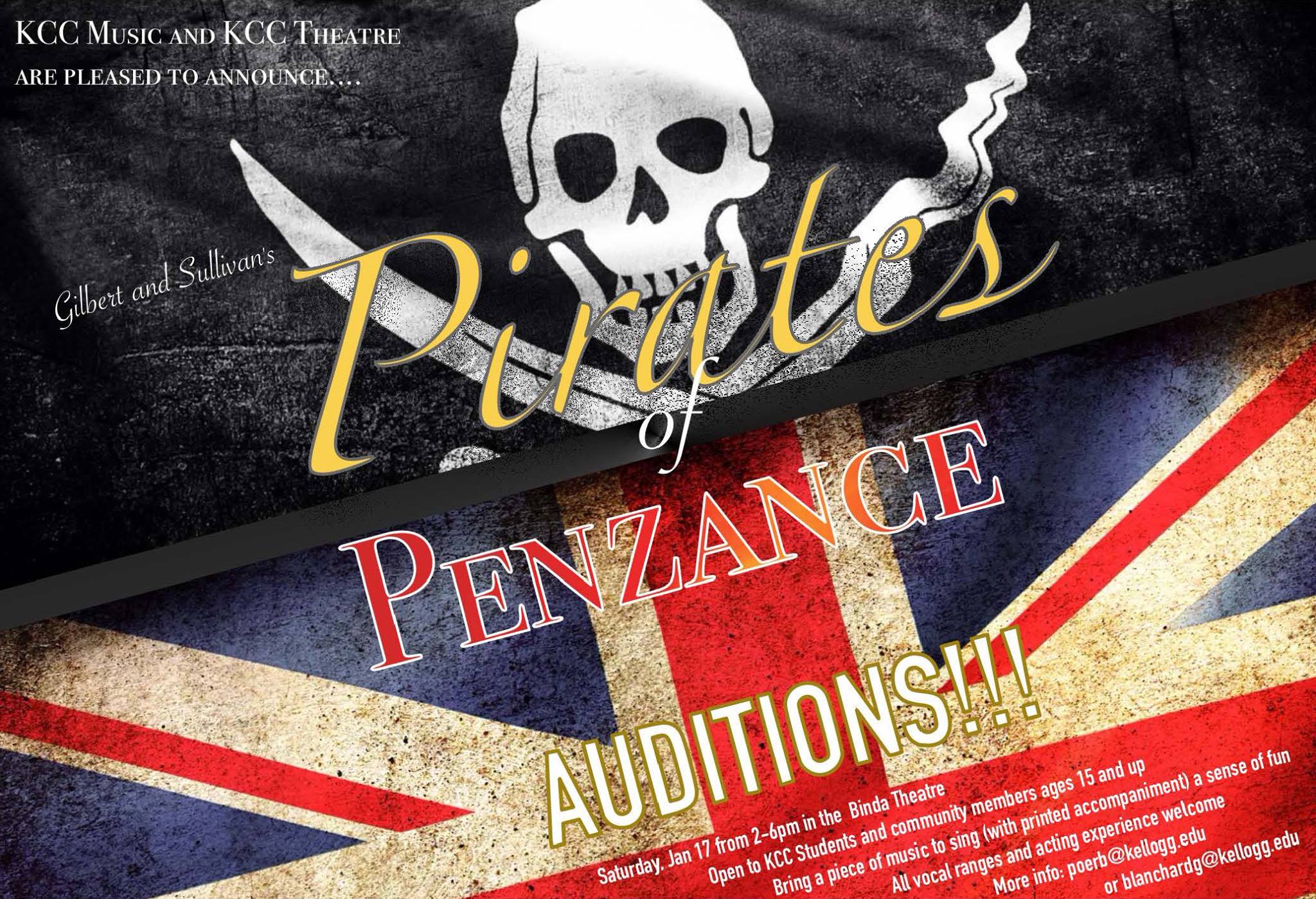Slide graphics with a skull and crossbones promoting auditions for "Pirates of Penzance"