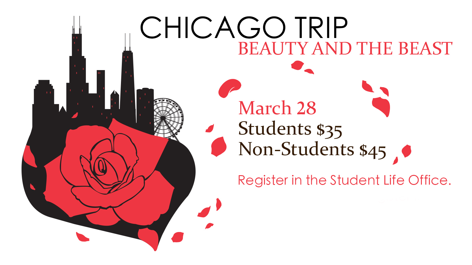 A text and graphic slide promoting KCC's upcoming trip to Chicago to take students to see "Beauty and the Beast"