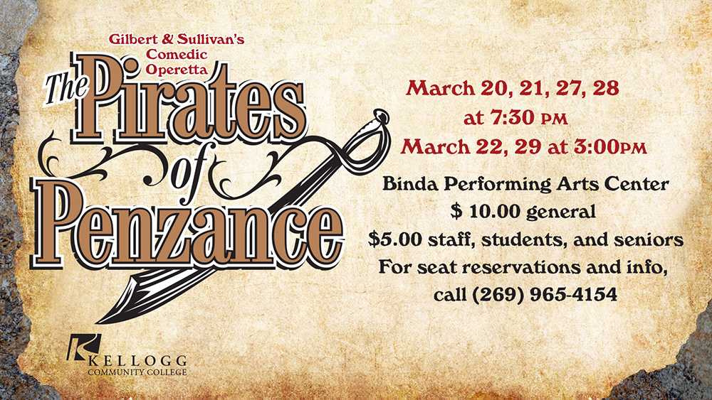 Text and graphic slide promoting KCC's upcoming production of "Pirates of Penzance"