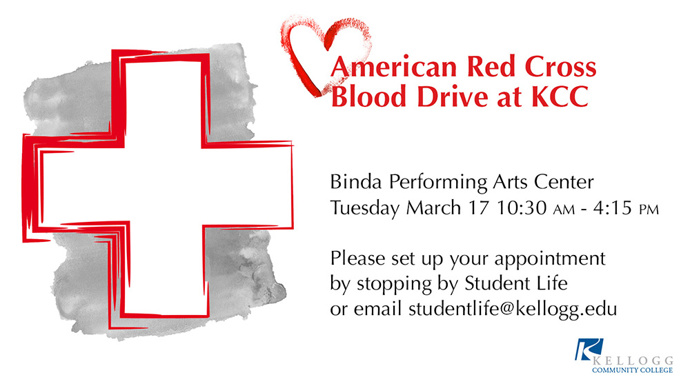 A text and graphic slide promoting KCC's Red Cross Blood Drive on March 17