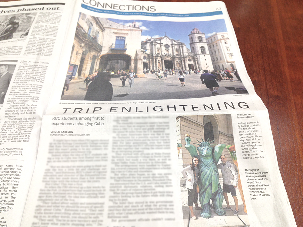 A photo of a Battle Creek Enquirer article in the newspaper about KCC's trip to Cuba.