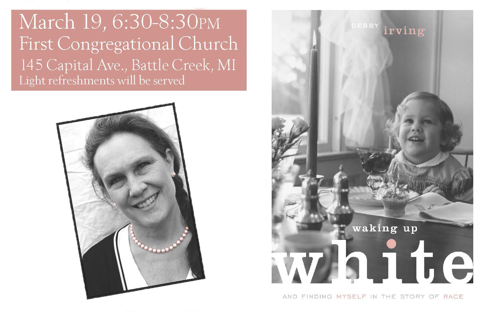 A text and graphic image to promote an upcoming "Waking Up White" event , including an author photo and an image of the book cover.