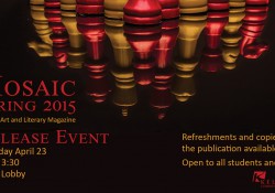Red and gold chess pieces on a black background decorate a promotional slide for the release party for the latest edition of Mosaic, the KCC student art and literary journal; the party is 2:30 to 3:30 p.m. April 23 in the Binda Lobby.