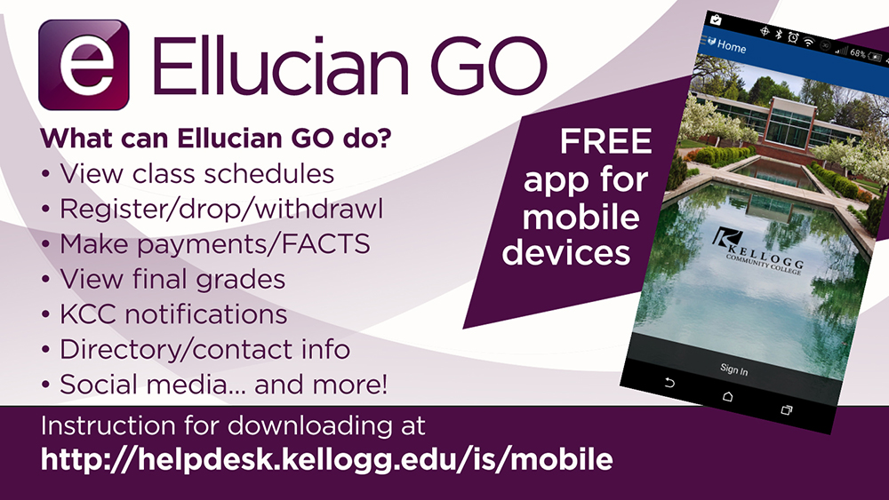 Graphic slide promoting KCC's new Ellucian GO mobile app