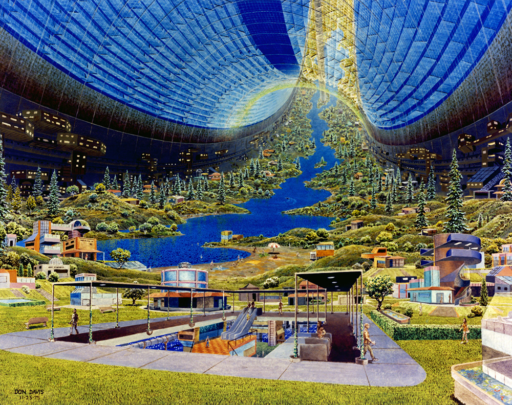 NASA concept art from the 1970s visualizing a human space colony.
