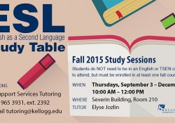 A text graphic featuring information about KCC's English as a Second Language Study Tables held from 10 a.m. to 2 p.m. on Thursday's this fall on campus in Battle Creek.