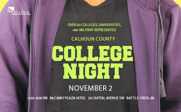 A closeup of a person's chest who is wearing a hooded sweatshirt. Text on the shirt promotes KCC's Nov. 2 College Night.