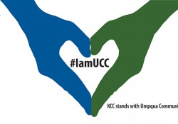 A graphic featuring two hands making the shape of a heart around an #IamUCC hashtag in support of Umpqua Community College shooting victims.