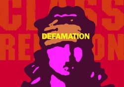 Detail from a graphic on the flyer for the play "Defamation," showing at KCC Oct. 20. The graphic is a stylized illustration of a woman with a cloth over her eyes.