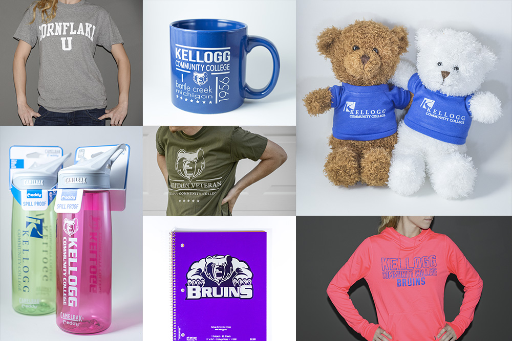 A collage of photos featuring KCC-branded items and apparel on sale at KCC's Bruin Bookstore.
