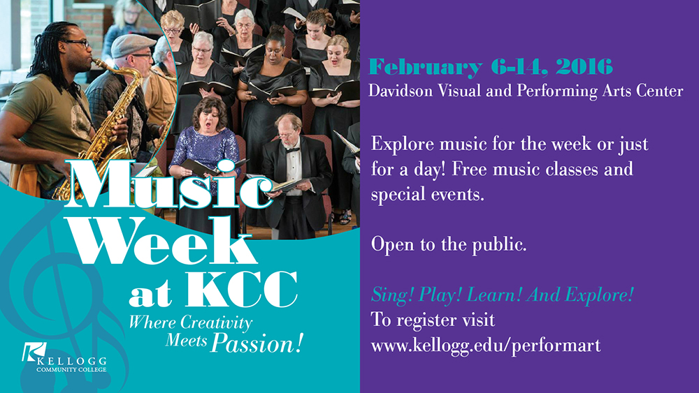 A graphic image promoting KCC's Music Week in Feburary featuring musicians playing instruments.