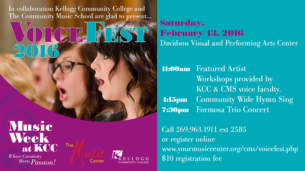 A promotional text slide promoting the upcoming VoiceFest event at KCC and featuring a female student singing.