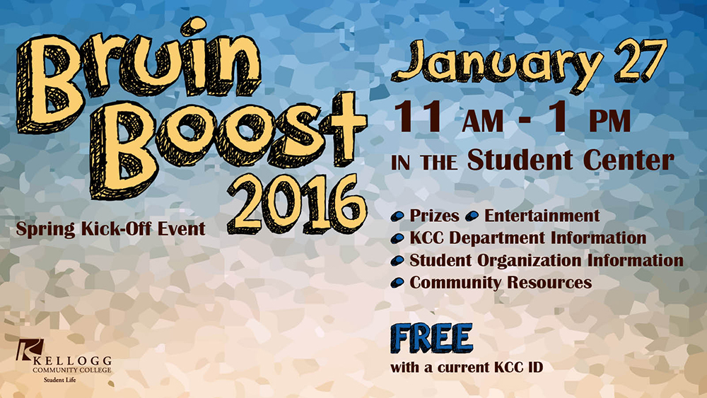 A text postcard promoting KCC's upcoming Bruin Boost event for students, to be held 11 a.m. to 1 p.m. Jan. 27 on campus in Battle Creek.