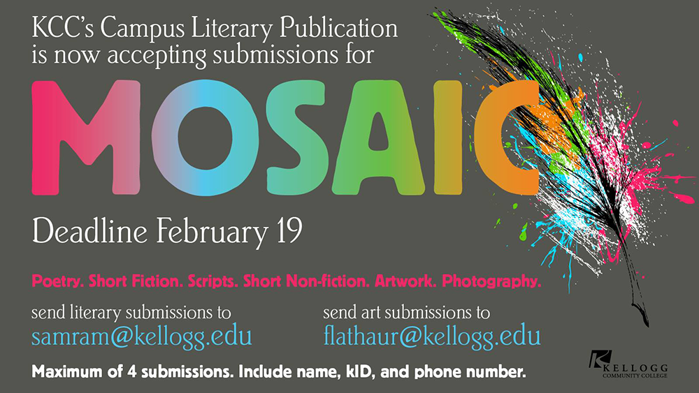 A text graphic promoting the Mosaic literary journal submission deadline, which is Feb. 19, 2016.