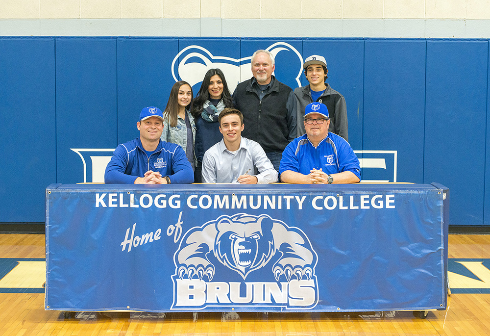 Pictured, in the front row from left to right, are Head KCC Baseball Coach Eric Laskovy, Logan Briggs and Associate Head KCC Baseball Coach Jim Miller. In the back row, from left to right, are Lilly Briggs, Liz Briggs, Mike Briggs and Sam Briggs.