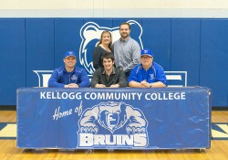 Pictured, in the front row from left to right, are Head KCC Baseball Coach Eric Laskovy, Nathan Lohmeier and Associate Head KCC Baseball Coach Jim Miller. In the back row, from left to right, are Melissa Lohmeier and Greg Lohmeier.