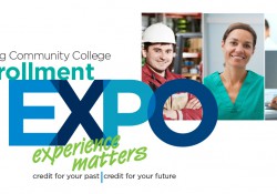 A text slide highlighting KCC's upcoming Enrollment Expo, scheduled for 1 to 7 p.m. April 21, at the Fehsenfeld Center in Hastings.