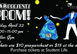 A promotional slide highlighting KCC's upcoming Prom! event, scheduled for 8 to 11 p.m. April 22 at the Miller Gym.