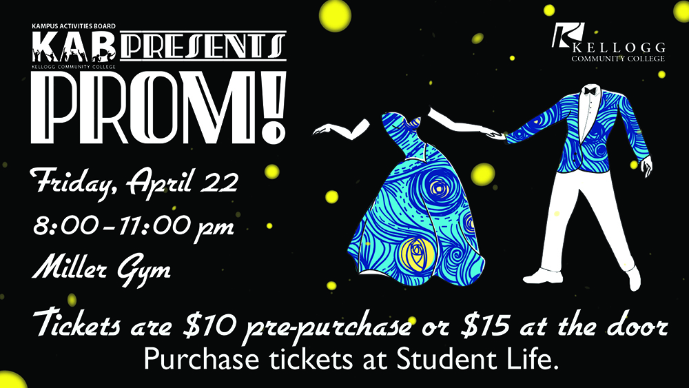 A promotional slide highlighting KCC's upcoming Prom! event, scheduled for 8 to 11 p.m. April 22 at the Miller Gym.