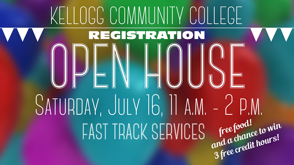 A text slide promoting KCC's Registration Open House, starting at 11 a.m. July 16 on campus in Battle Creek.