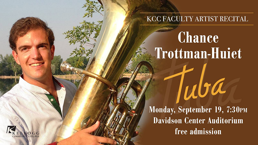 A promotional slide featuring tuba instructor Chance Trottman-Huiet, highlighting his Sept. 19, 2016, concert at KCC.