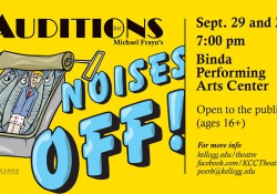 A promotional slide highlighting auditions for KCC's fall play "Noises Off!" on Sept. 29 and 30.