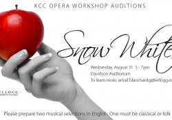 A promotional slide highlighting auditions for KCC's Opera Workshop production of "Snow White."