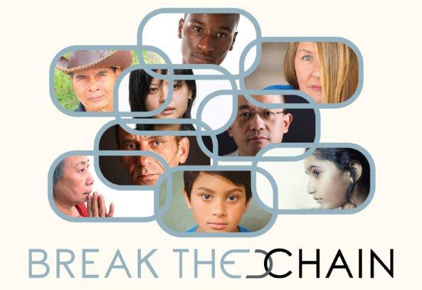 A promotional image for the documentary "Break the Chain," featuring several faces.