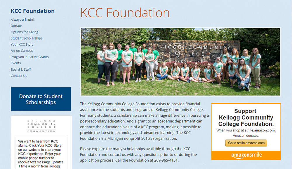 A screenshot of the Kellogg Community College Foundation homepage taken on Nov. 22, 2016.
