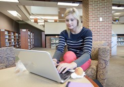 A student works on a laptop in the KCC library.
