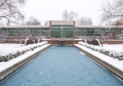 A view of the main entrance to KCC's North Avenue campus, looking over the reflecting pools in December.