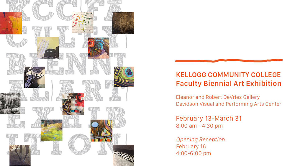A text and graphic slide highlighting the KCC Faculty Biennial Art Exhibition, running Feb. 13 through March 31 at KCC.