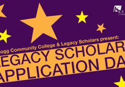 A text slide highlighting KCC's upcoming Legacy Scholars Application Days, to be held from 2 to 6 p.m. March 8 and 9 at KCC.