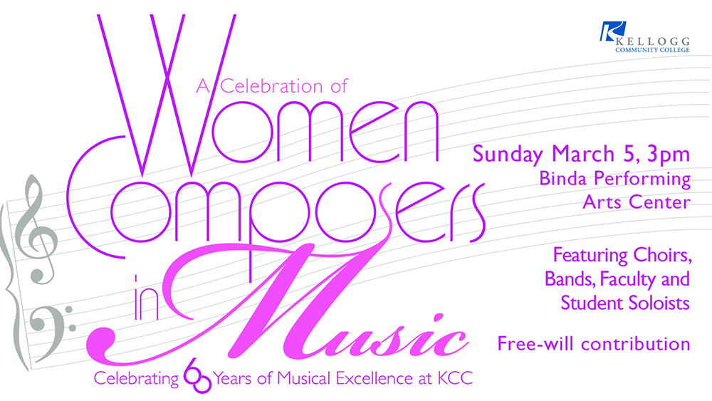A text slide highlighting KCC's "Women Composers in Music" concert beginning at 3 p.m. March 5 at the Binda Performing Arts Center.
