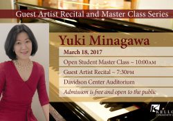 A promotional slide featuring an image of pianist Yuki Minagawa, highlighting her March 18, 2017 concert appearances at KCC.