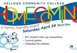 A text slide promoting KCC's Homecoming event, scheduled for 10 a.m. to 2 p.m. April 29.
