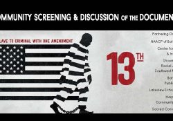 A graphic/text slide highlighting the KCC Center for Diversity and Innovation's May 12 and 13 screenings of the documentary "13th."
