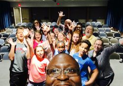 KCC professor Gerald Blanchard takes a selfie with campers from KCC's 2017 Summer Music & Theater Performance Camp.