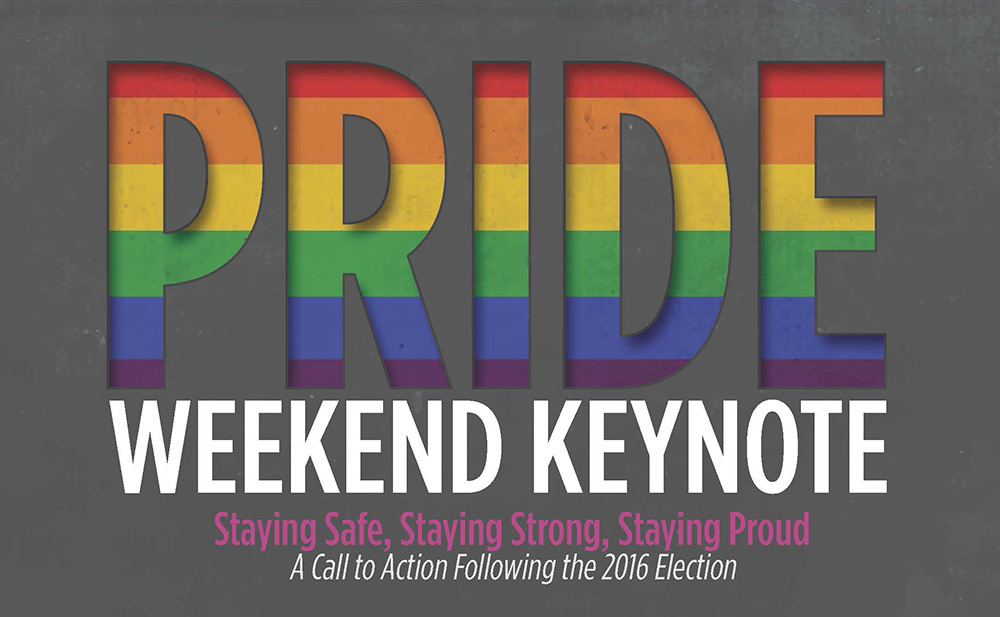 A text slide promoting KCC's Pride Weekend Keynote event scheduled for 6:30 to 8:30 p.m. July 13, 2017, in downtown Battle Creek.