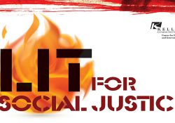 A text and graphic slide featuring an image of a flame with superimposed text highlighting the KCC CDI's upcoming LIT for Social Justice youth retreat.