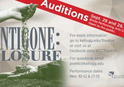 A hand pours dirt onto another in a promotional slide highlighting auditions for KCC's fall play, "Antigone: Closure," which begin at 7 p.m. Sept. 28 and 29, 2017.
