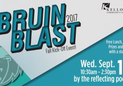 A text slide promoting Bruin Blast, KCC's fall welcome-back event for students, which will be held Sept. 13 on KCC's North Avenue campus in Battle Creek.