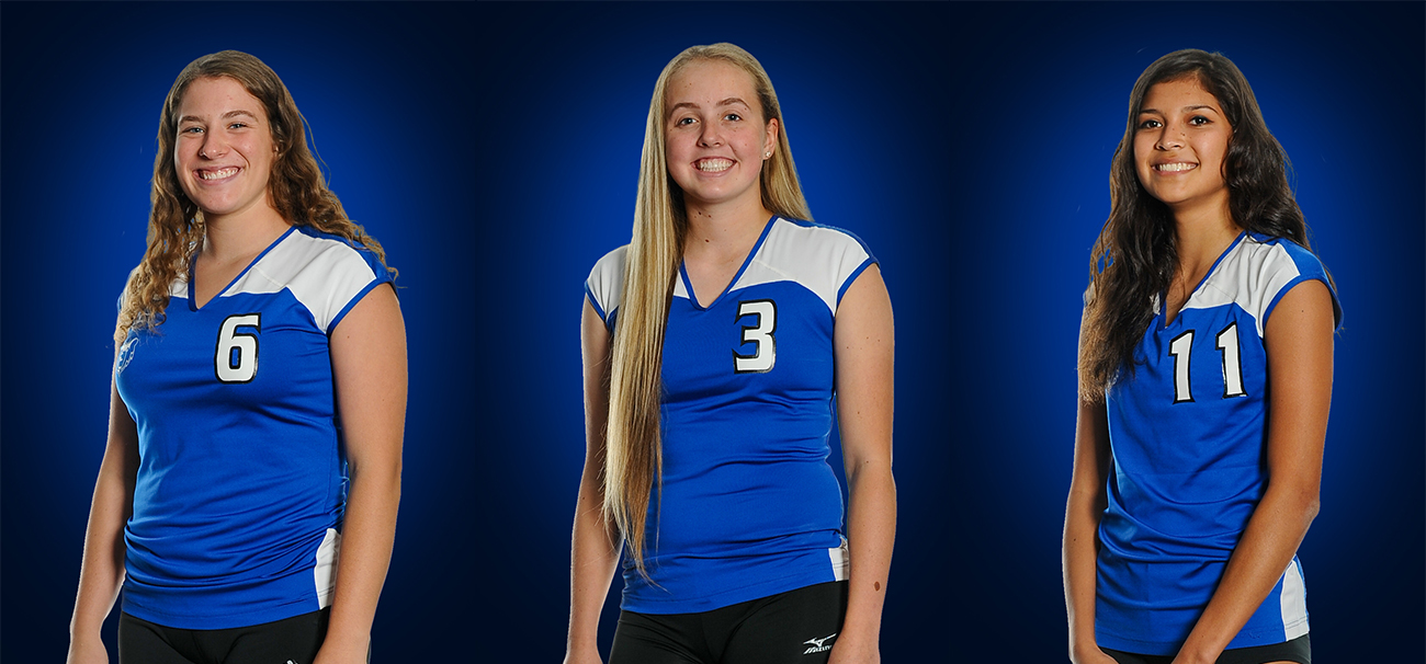 KCC volleyball players Kameron Haley, Katelyn Leckie and Rose Tecumseh.