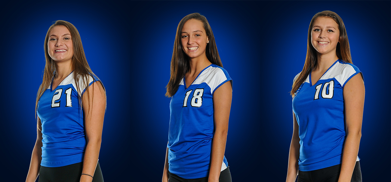 KCC volleyball players Emily Delmotte, Kirby Frodge and Riley Rakocy.