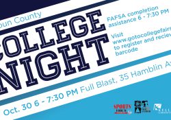 A text slide promoting Calhoun County College Night, scheduled for 6 to 7:30 p.m. Oct. 30 at Full Blast in downtown Battle Creek.