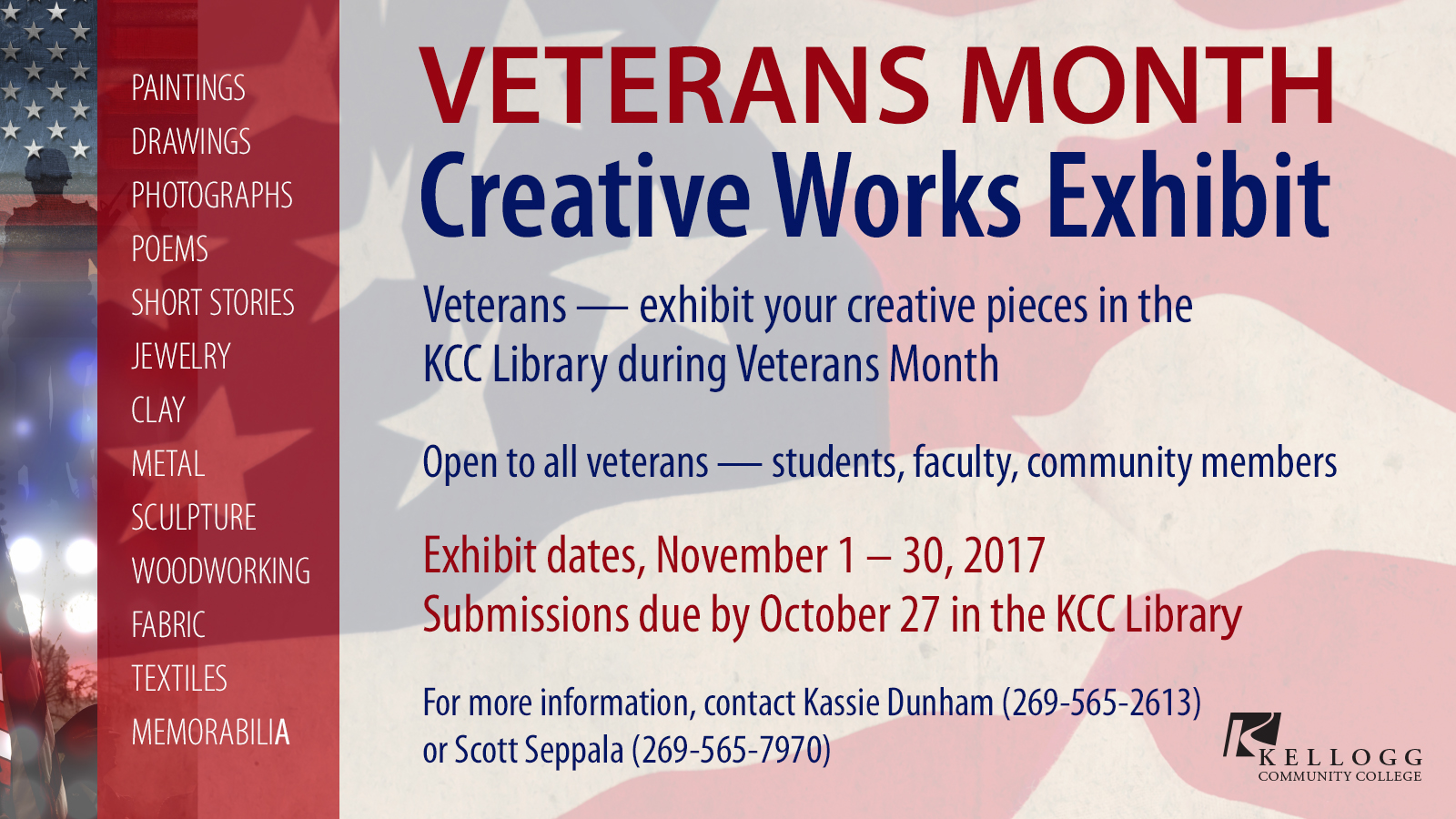 A text slide calling for submissions from veteran artists for works for KCC's Veterans Month Creative Works Exhibit.