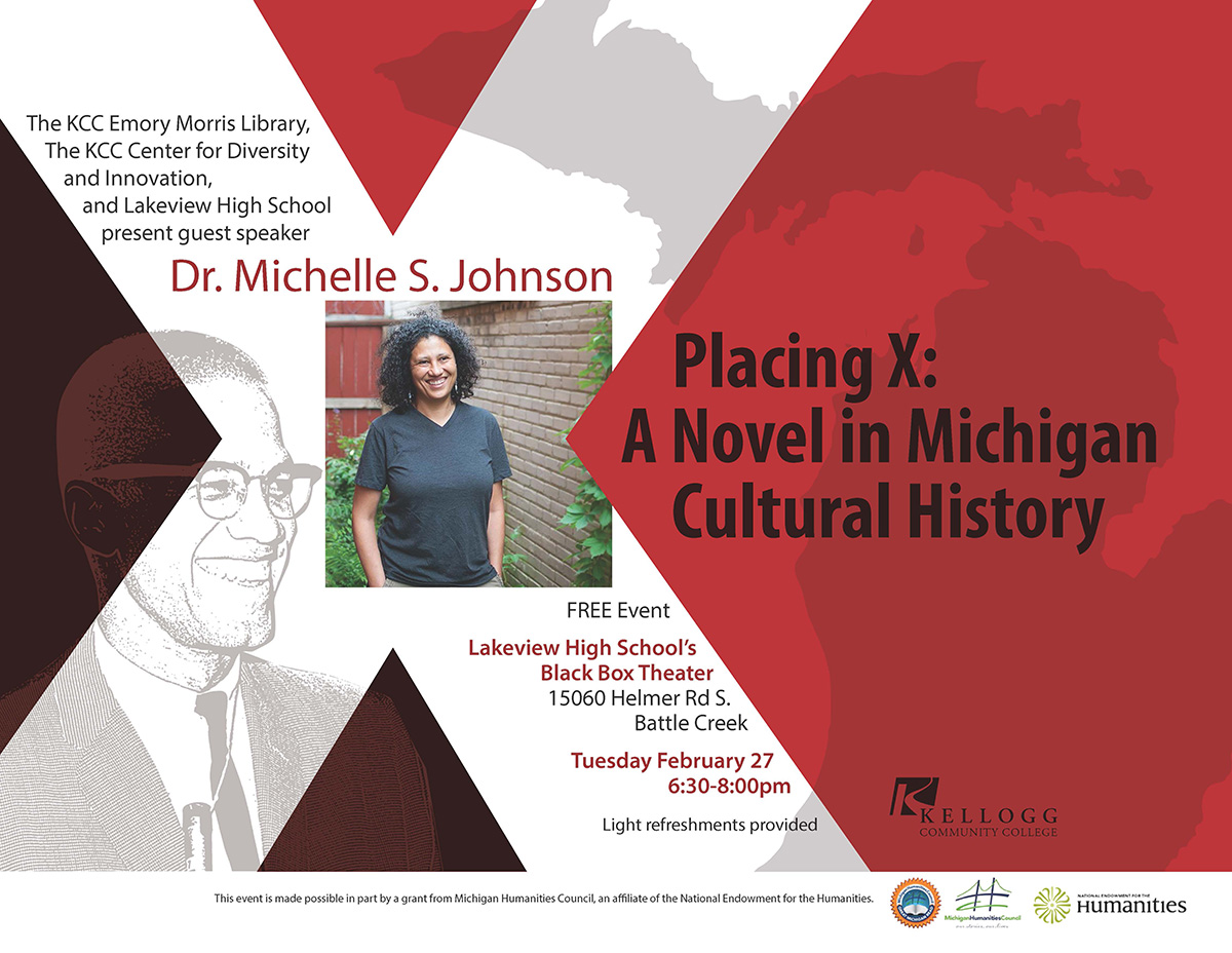 A text slide promoting the event "Placing X: A Novel in Michigan Cultural History," scheduled for 6:30 p.m. Feb. 27 at Lakeview High School.