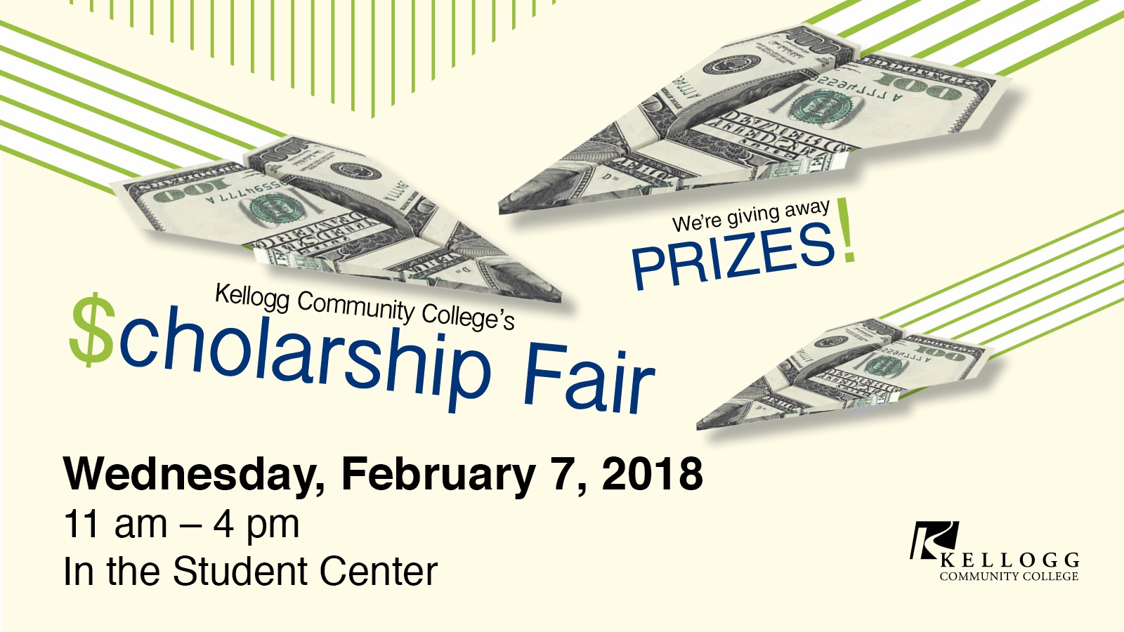A slide featuring money in the shape of paper airplanes, promoting KCC's Scholarship Fair scheduled for 11 a.m. to 4 p.m. Feb. 7, 2018, on campus in Battle Creek.